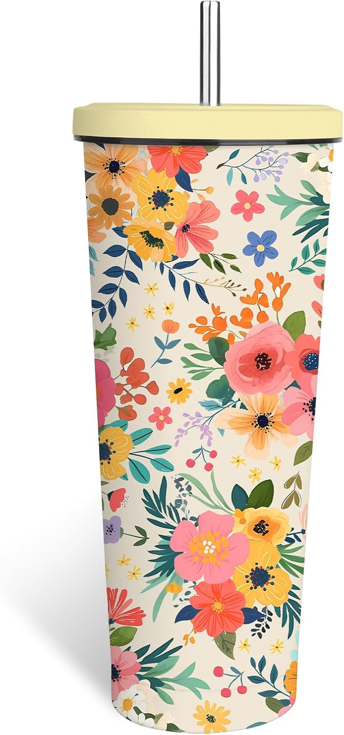 Floral Boho Tumbler 24oz With Lid, Flowers Gifts, Flower Coffee Cup Gifts for Women Girls, Abstract Retro Mid Century Flower Gift for Her on Christmas Birthday Mothers Day