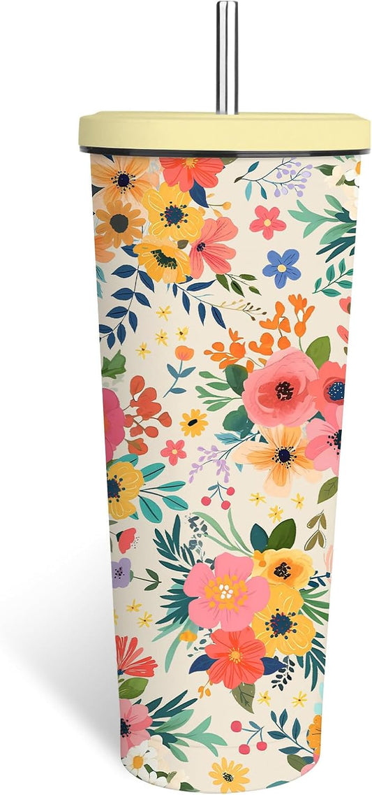 Floral Boho Tumbler 24oz With Lid, Flowers Gifts, Flower Coffee Cup Gifts for Women Girls, Abstract Retro Mid Century Flower Gift for Her on Christmas Birthday Mothers Day