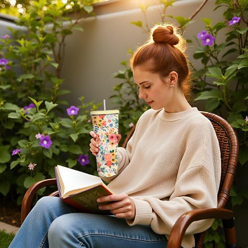 Floral Boho Tumbler 24oz With Lid, Flowers Gifts, Flower Coffee Cup Gifts for Women Girls, Abstract Retro Mid Century Flower Gift for Her on Christmas Birthday Mothers Day