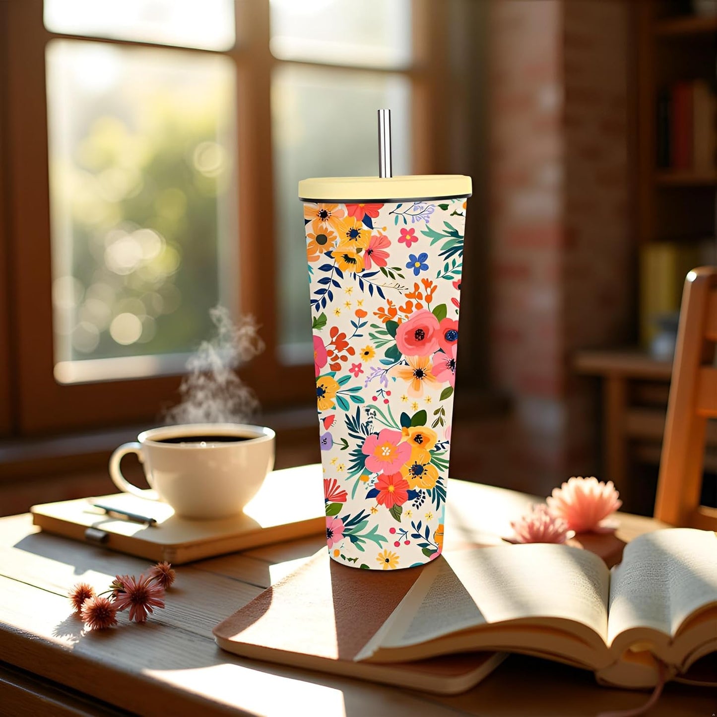 Floral Boho Tumbler 24oz With Lid, Flowers Gifts, Flower Coffee Cup Gifts for Women Girls, Abstract Retro Mid Century Flower Gift for Her on Christmas Birthday Mothers Day