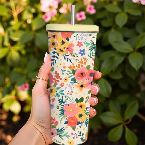 Floral Boho Tumbler 24oz With Lid, Flowers Gifts, Flower Coffee Cup Gifts for Women Girls, Abstract Retro Mid Century Flower Gift for Her on Christmas Birthday Mothers Day