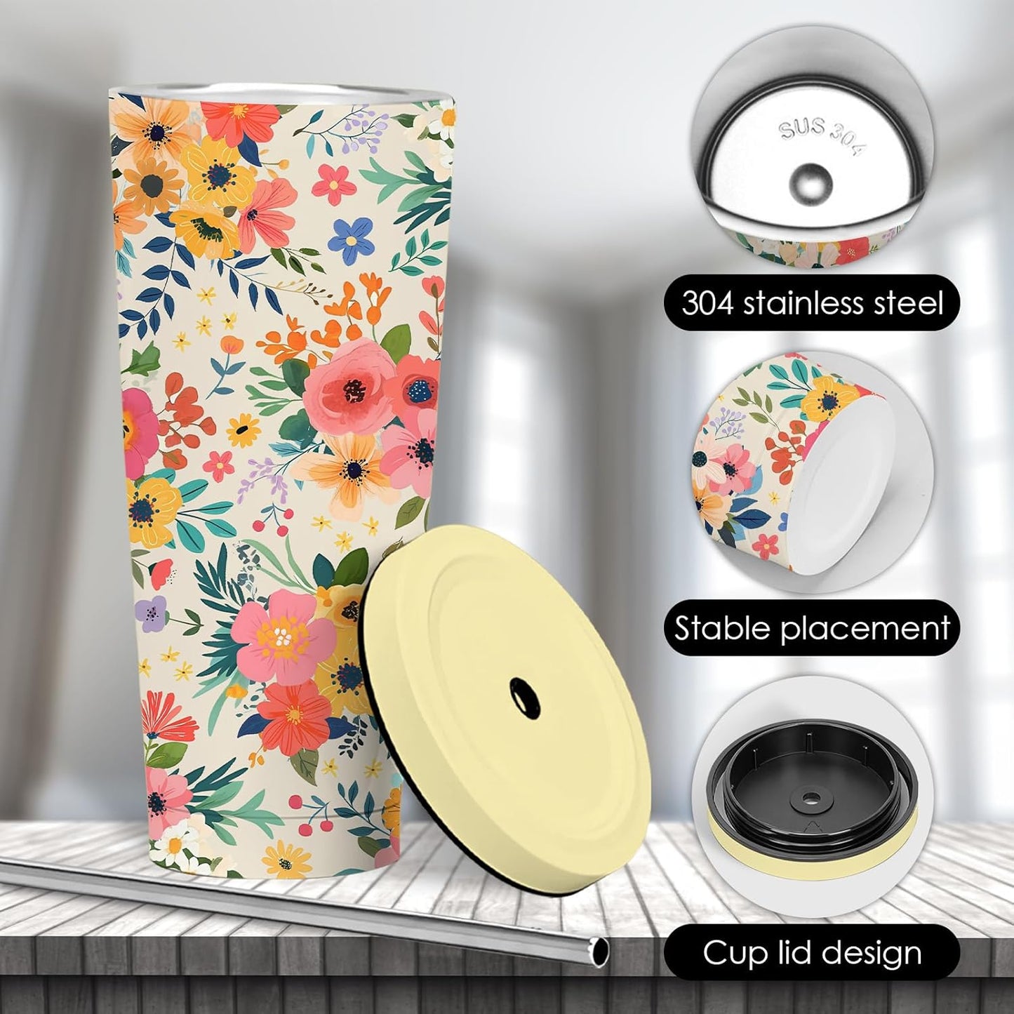 Floral Boho Tumbler 24oz With Lid, Flowers Gifts, Flower Coffee Cup Gifts for Women Girls, Abstract Retro Mid Century Flower Gift for Her on Christmas Birthday Mothers Day