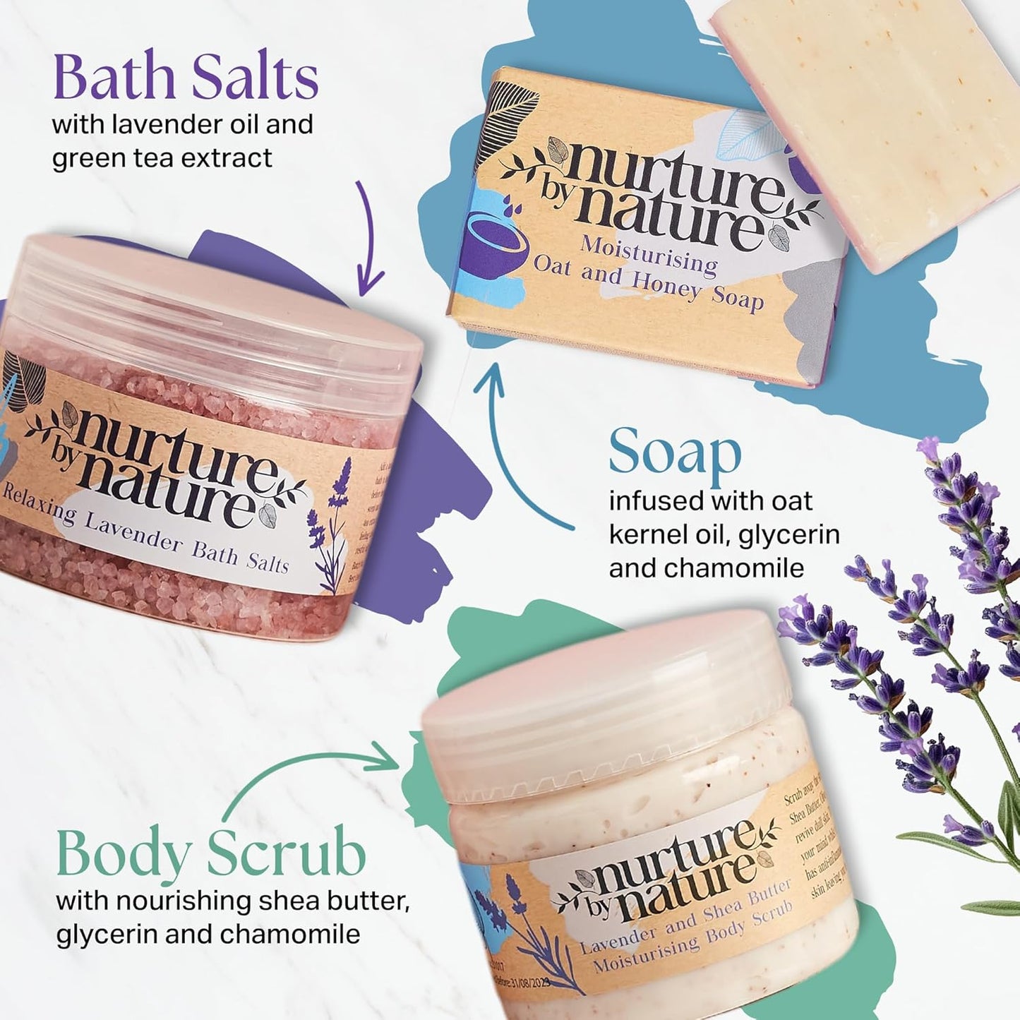 Nurture by Nature Spa Gifts for Women - Mothers Day Gifts for Mom, Self Care Gift Set & Spa Gift Basket for Women, 6 Piece Bath Set with Candle, Bath Bomb, Salts & Pillow Spray - Relaxation Gifts