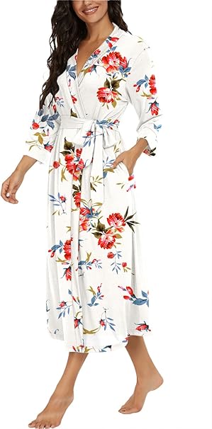 VINTATRE Women Kimono Robes Long Knit Bathrobe Lightweight Soft Knit Sleepwear V-neck Casual Ladies Loungewear